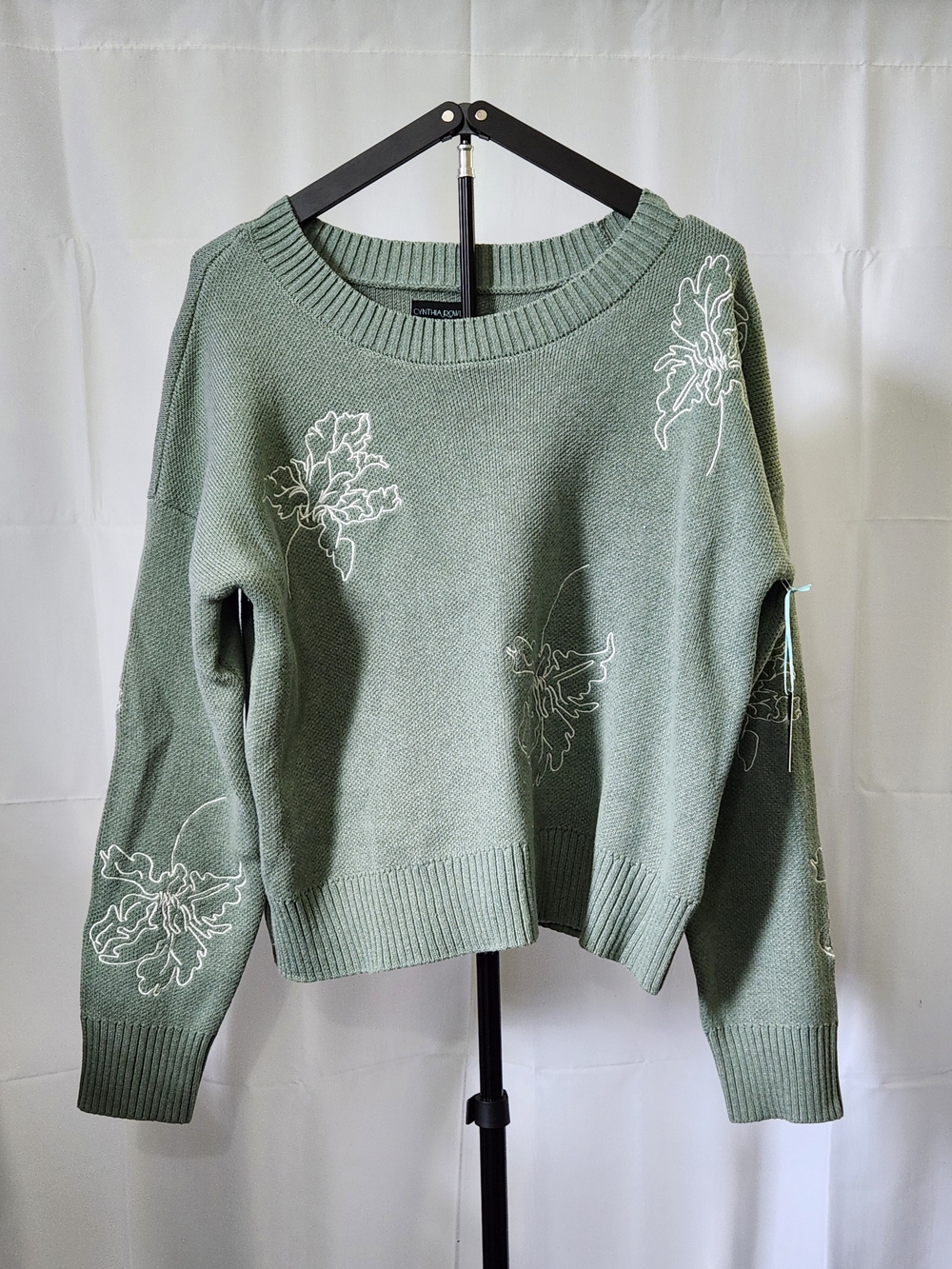 Floral Embroidered Crewneck Sweater in Sage Green